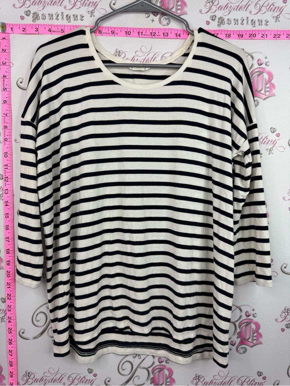 Club Monaco Black and Cream Striped Long-Sleeve Tee
